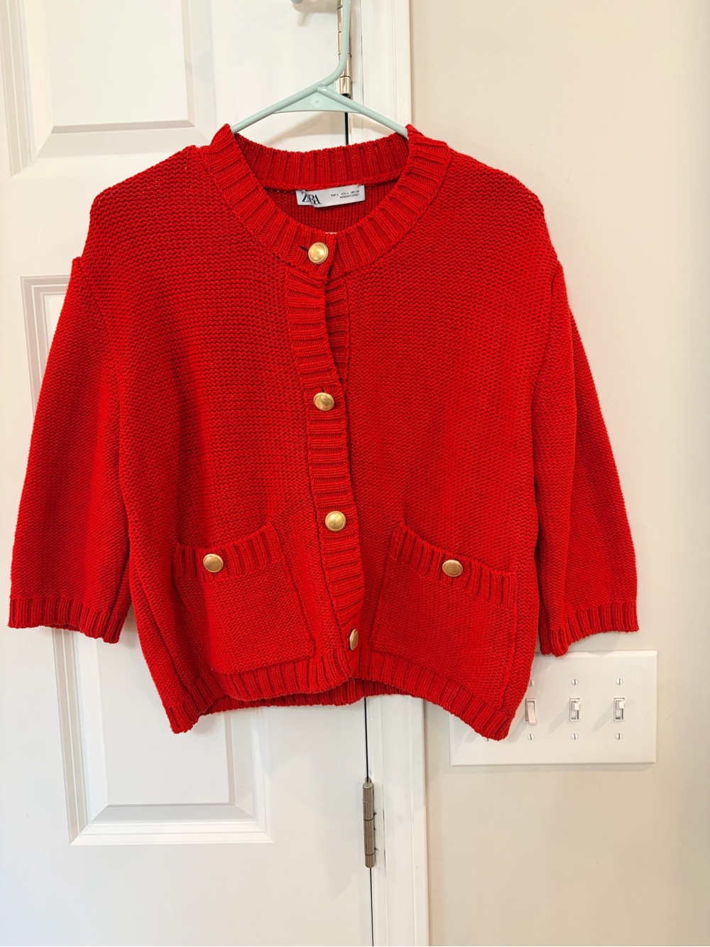 Zara Bright Red Button-Front Knit Cardigan with Gold Buttons